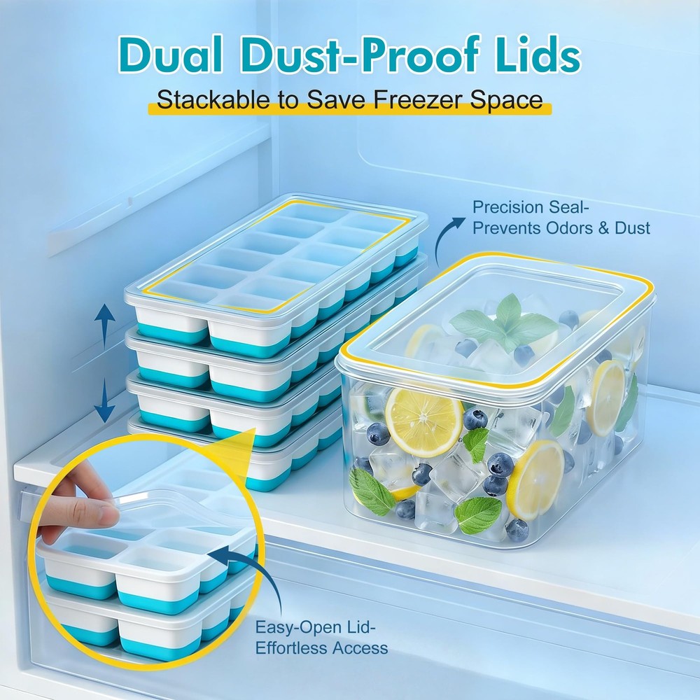 NFK Ice Cube Tray with Lid & Bin - 4 Pack 48 Cubes Stackable Silicone Blue