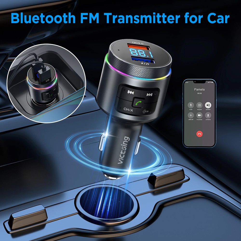 Bluetooth 5.0 Car Wireless FM Transmitter Adapter 2USB PD Charger Hands-Free AUX