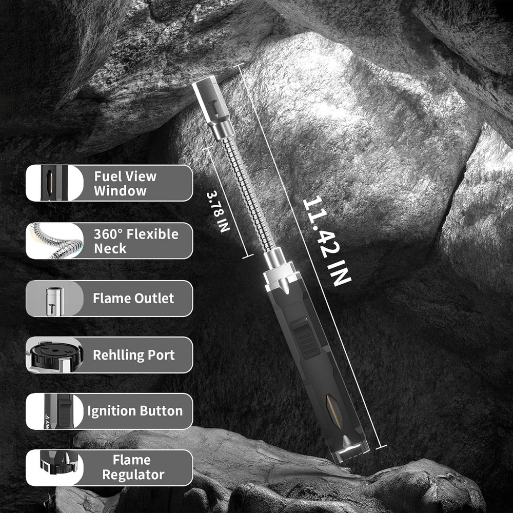 Torch Lighter, Long Flexible Neck Refillable Butane Jet Flame Black
