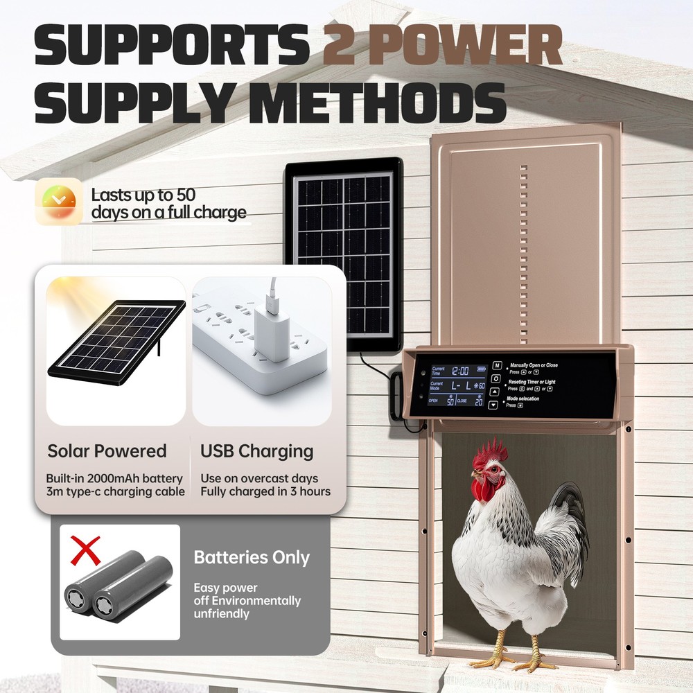 Solar Automatic Chicken Coop Door with Anti-Pinch Timer Light Sensor LCD Display