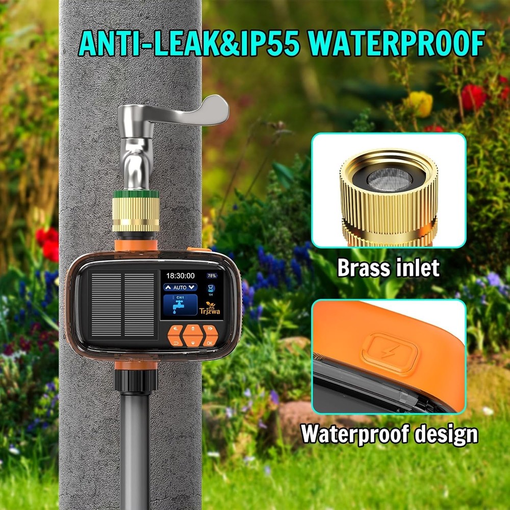 Smart Solar Water Timer - 2000mAh Battery, USB-C Charging, Rain Delay for Garden