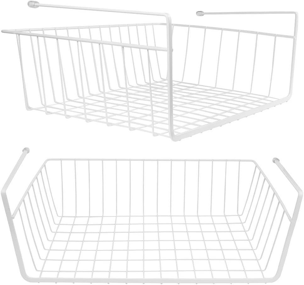2 Pack White Under Shelf Wire Basket Hanging Storage Baskets Under Cabinet