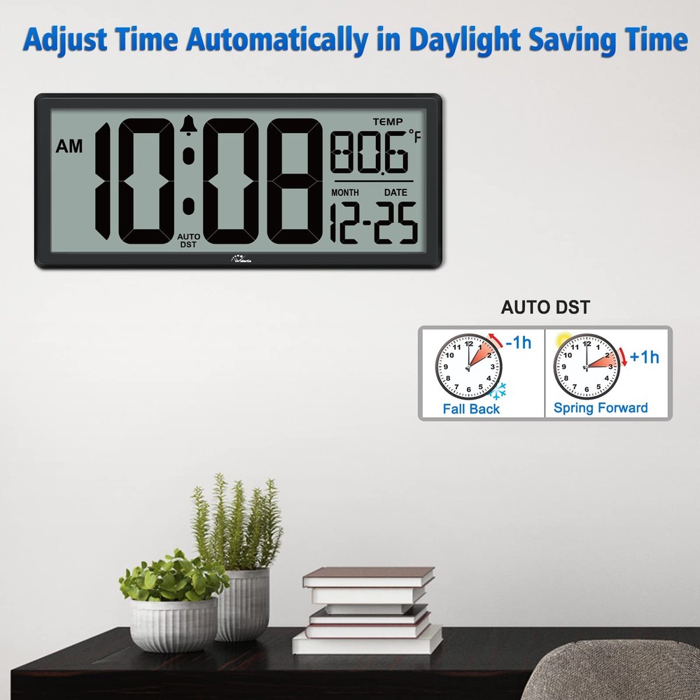 WallarGe 14.5'' Digital Clock: Jumbo Display, Temp, Date, Easy Set & DST