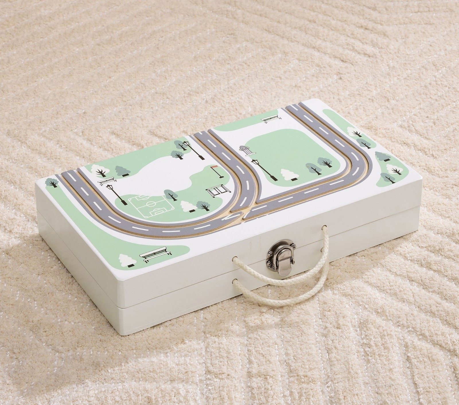 Pottery Barn Kids Neighborhood Train Set Wooden 24 Pc Carrying Case NEW In Box