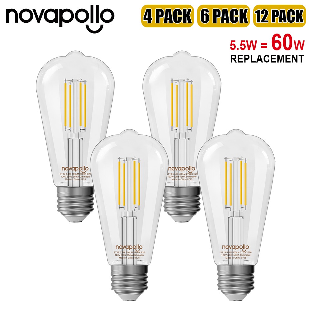 Dimmable ST19 LED Edison Light Bulbs 60W Equivalent E26 500lm 2700K 4/6/12 Pack