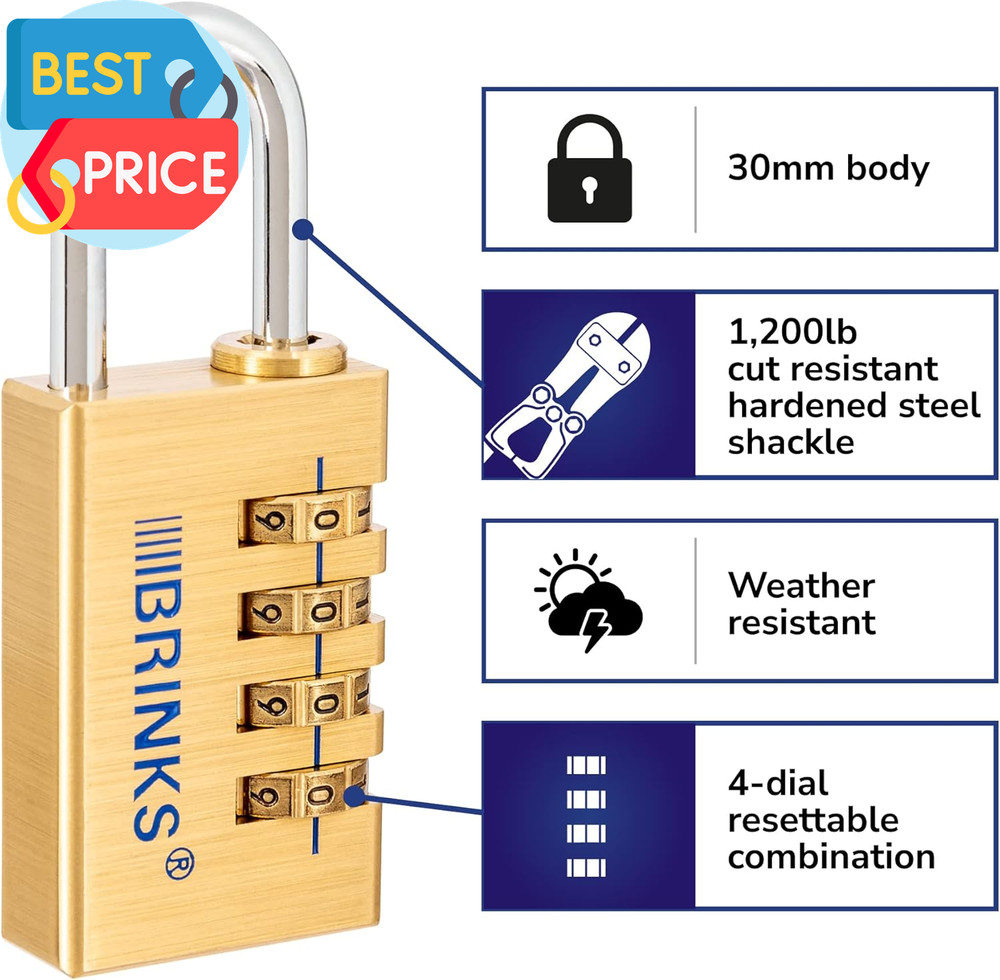 - 30Mm Solid Brass 4-Dial Resettable Padlock - Chrome Plated with Hardened Steel