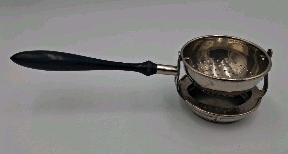 Vintage Barstow Silver Tea Strainer Drip Bowl Tray Wood Handle, Minor Wear&Rust