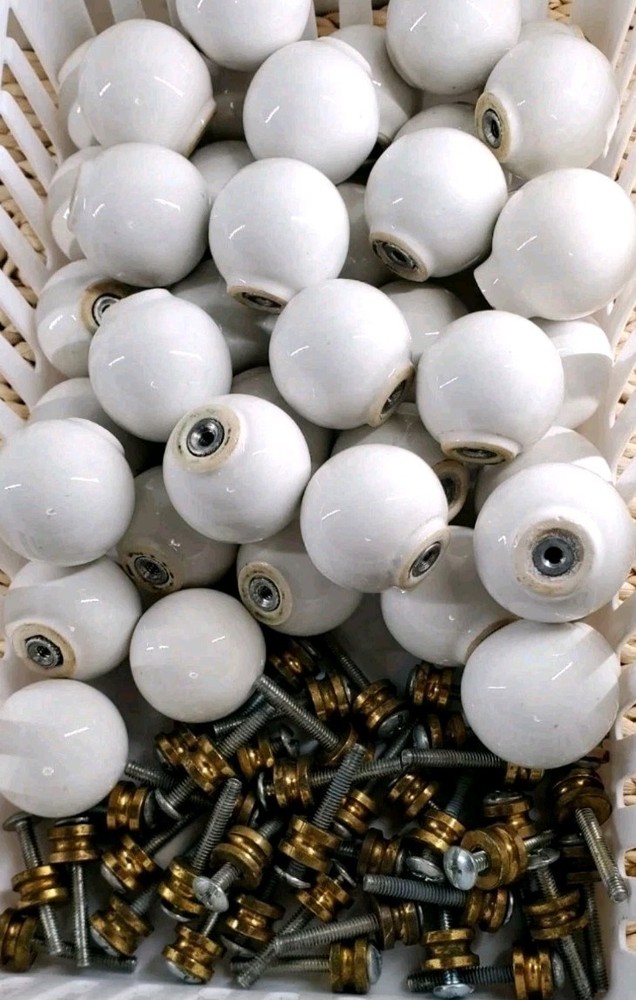 34 Vtg Authentic Drexel Declaration Knobs Pulls 1"Round White Porcelain w/Screws