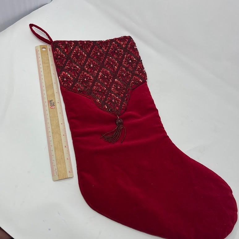 Vintage Red Christmas Stocking Embroidered Cuff Tassel Holiday Decor