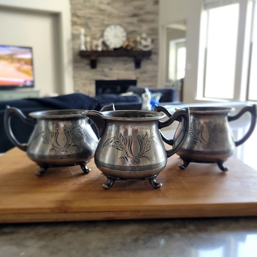 Vintage Beacon Silver Taunton Mass Quadruple Set of 3. Cream white brown sugar