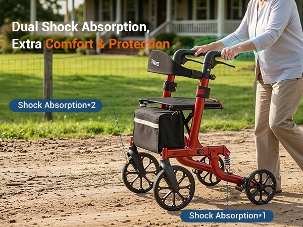 Seniors Walker Rollator Safe Foldable Adjustable Shock-Absorbing for All Terrain