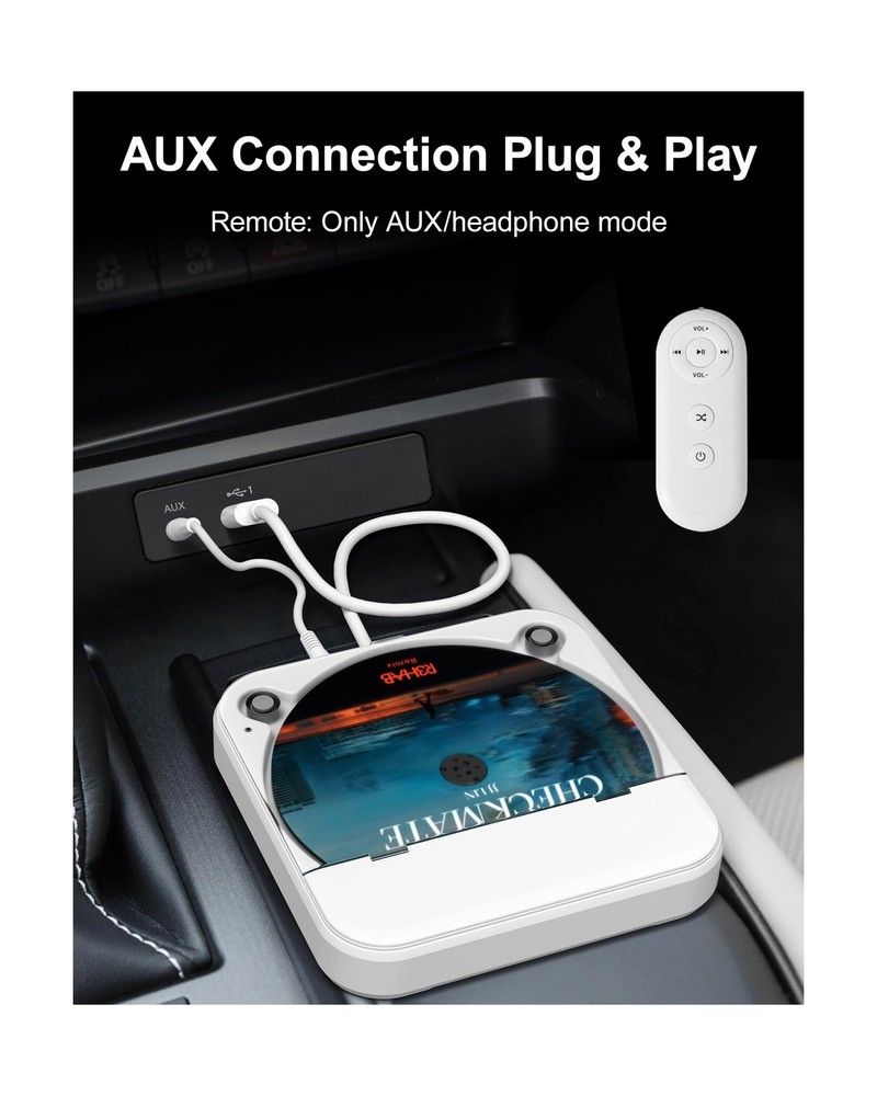 ENVYCLOUD Portable Car CD Player - USB/AUX White CD Player