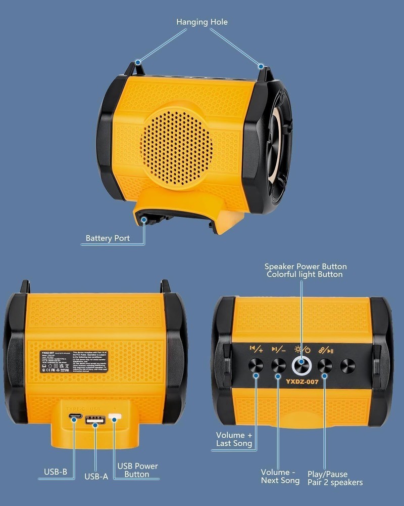 Bluetooth Speaker for Dewalt 20v Battery Cordless Small Speaker w/ TWS Function