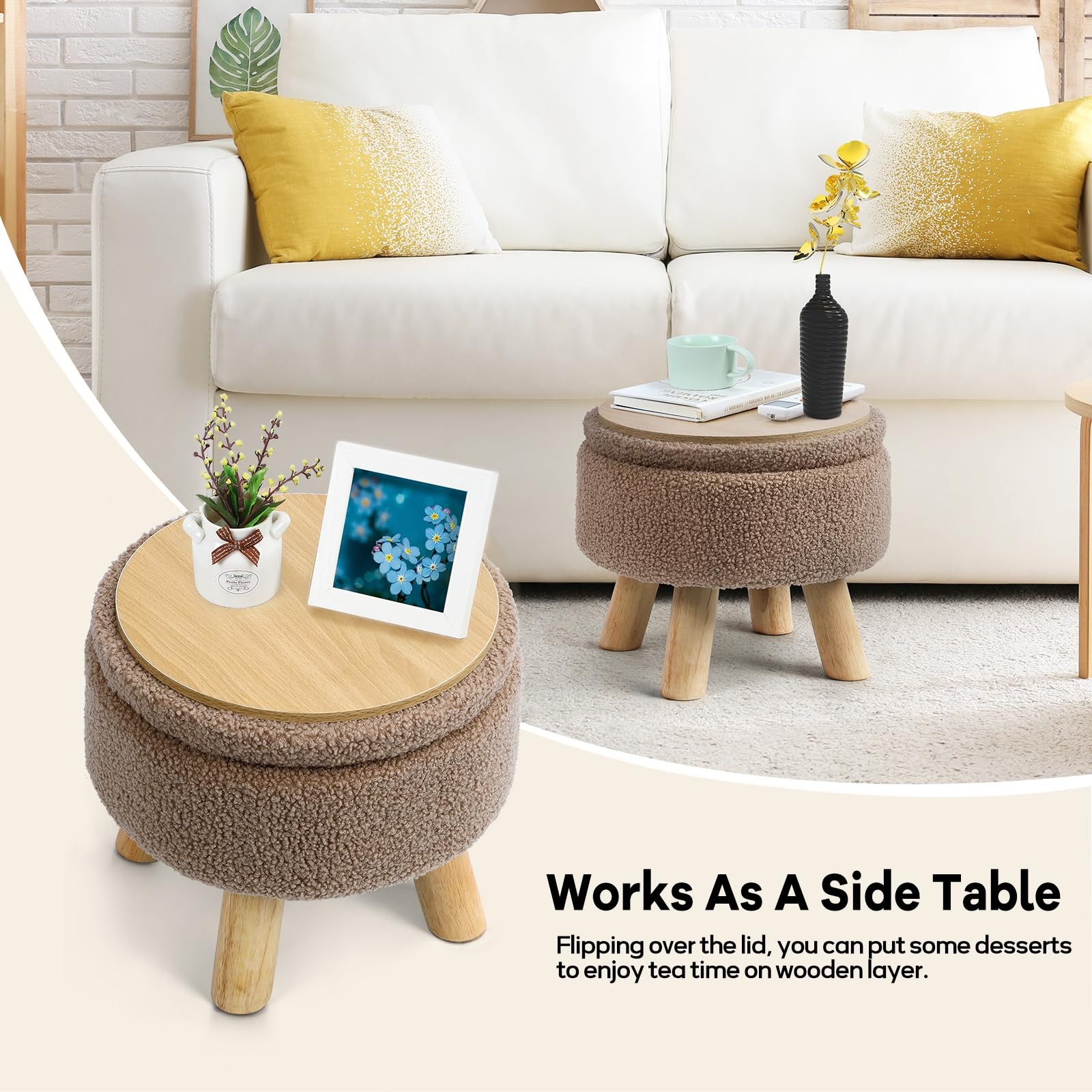 Ottoman Foot Rest, Small Round Ottoman with Storage, Boucle Teddy Velvet Foot...