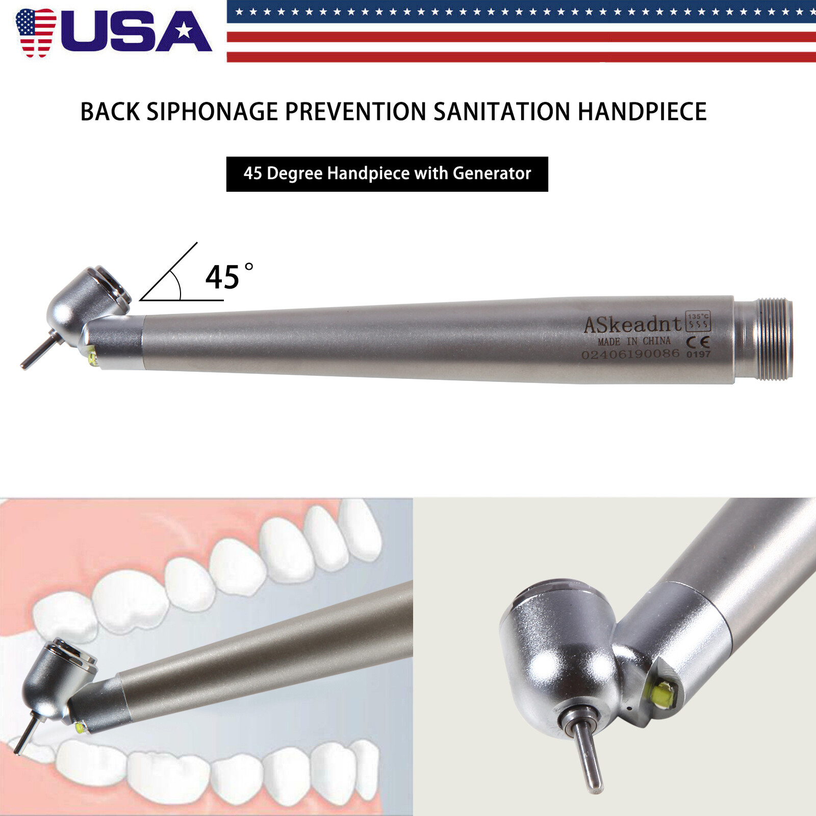 NSK Style Dental Surgical 45° Degree LED High Speed Handpiece Turbine 2 Holes