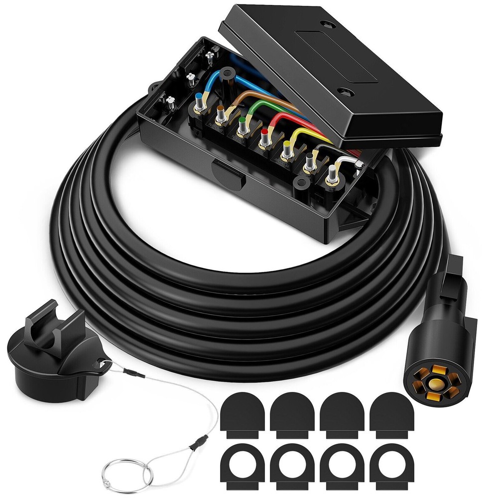 MICTUNING 8 ft Trailer Cord 7 Way Plug Inline Junction Box 7-Pole Wiring Harness