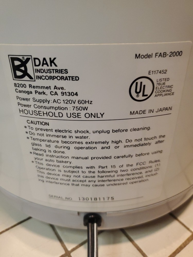 Dak Turbo Baker II Bread & Dough Maker Model FAB-2000