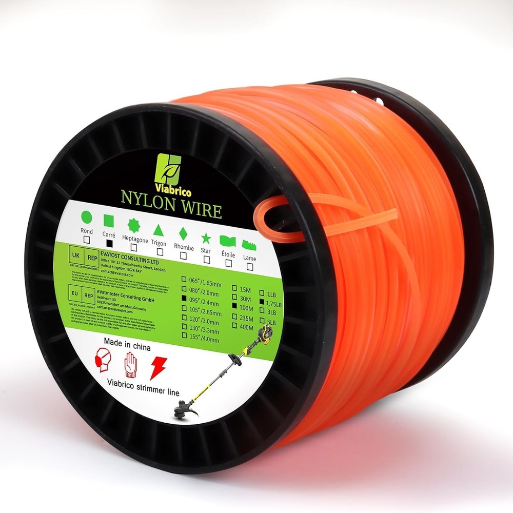 String Trimmer Line Square Orange Heavy Duty Weed Eater String 095"x1.7LB, 100M