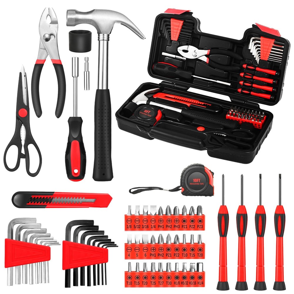 GETFOO 58-Piece Tool Kit Basic Home Repair Set, General 58-Piece, Red