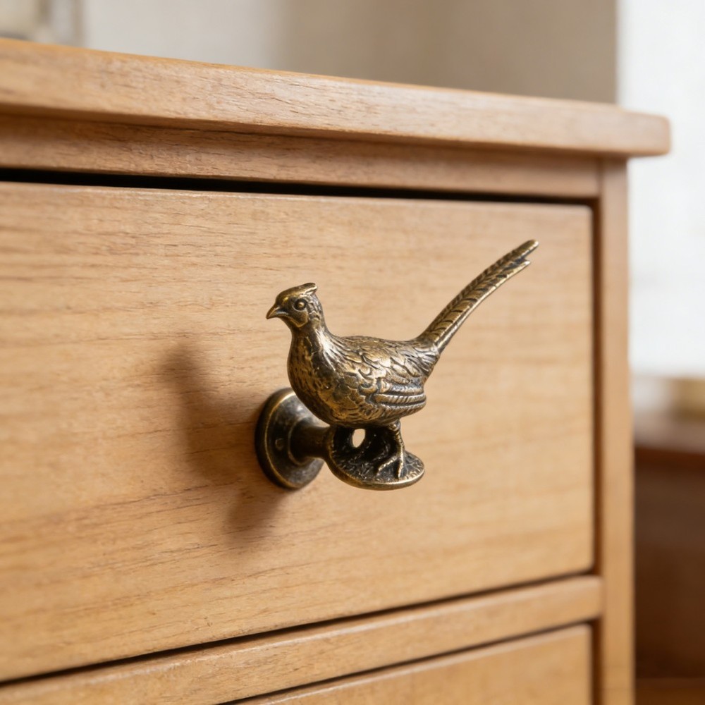 Antique Brass Bird Cabinet Knobs - Long Tailed Pheasant Drawer Pulls - Single
