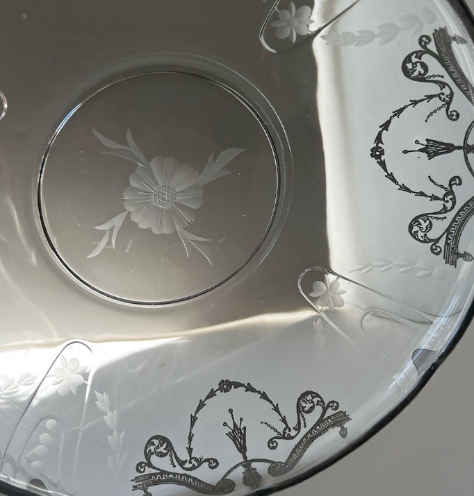 Antique Edwardian Bowl 9” in Diameter With Sterling Silver Inlay Etched 1900’s