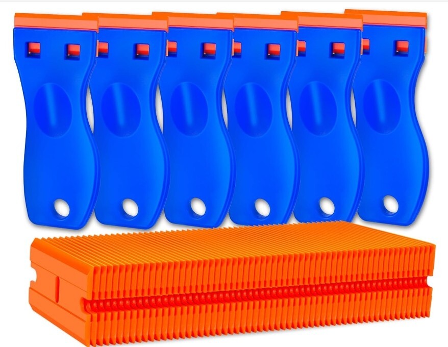 Plastic Razor Blade Scraper Set Label Removal - 6 Scrapers 60 Replacement Blades