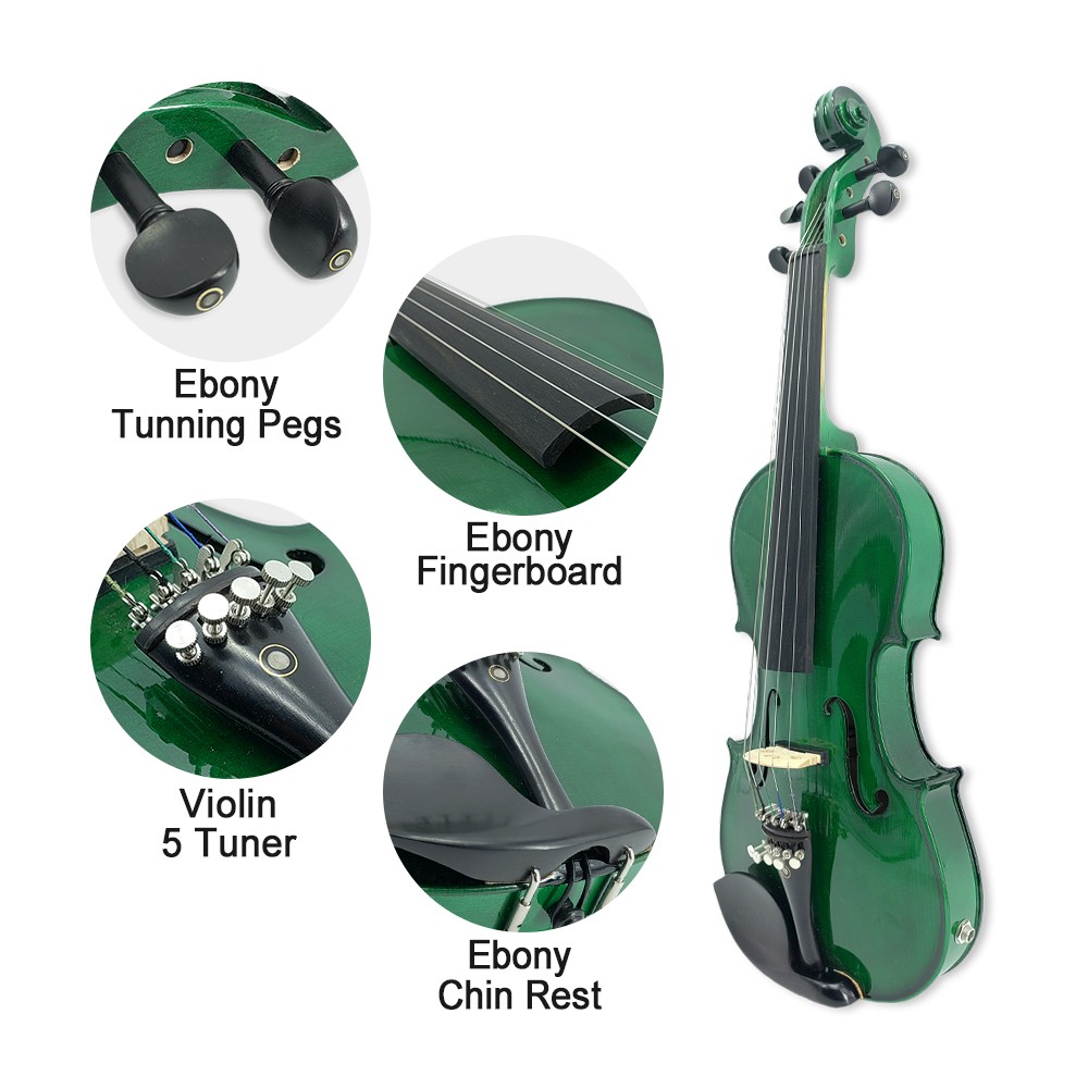 5 String Electric Violin Green 4/4 Beginner Kit with Case Bow and Accessories