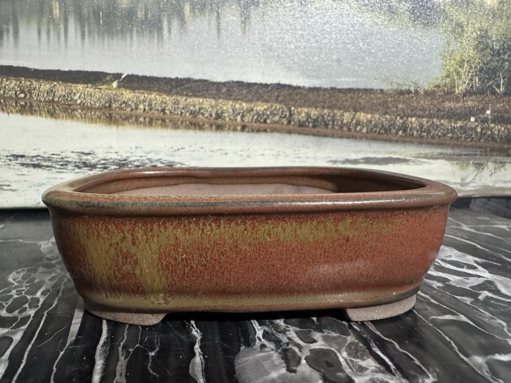 Rectangular Ceramic Bonsai Pot Brown Red Green 6x4 with Drainage Holes