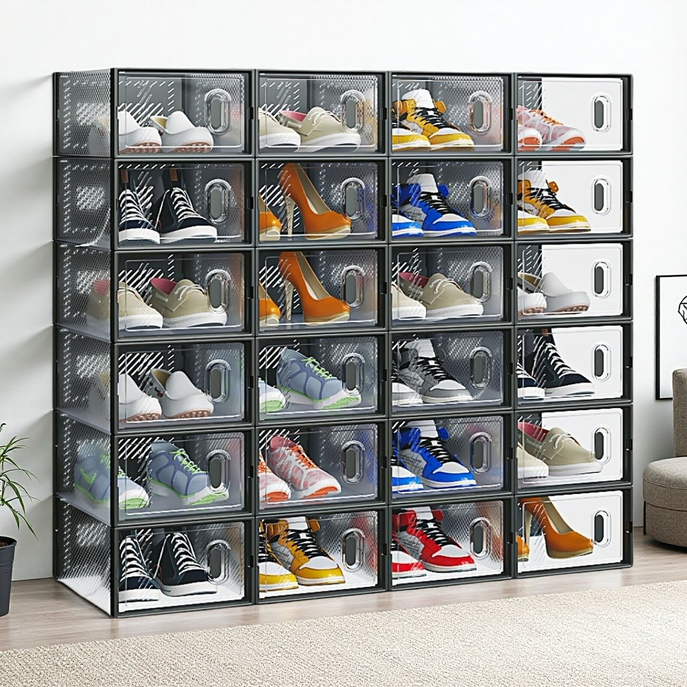 24-Pack Shoe Storage Boxes - Stackable, Door, Plastic Mesh, Black & Small Size