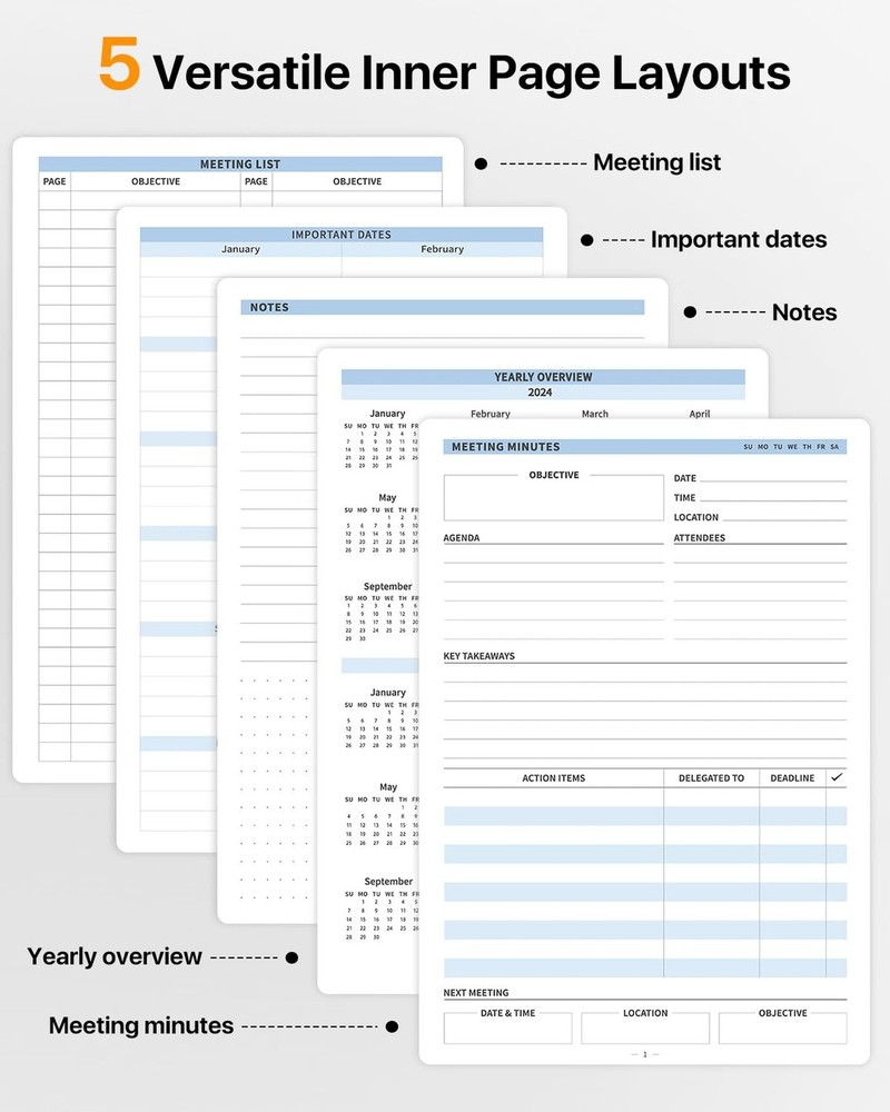 WEMATE Meeting Notebook for Work, Work Planner Notebook With Action Items, B5...