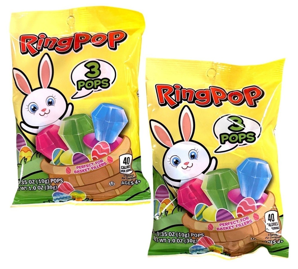 2pc Set 1.0 oz/3ct each Bag RING POP Easter Candy Strawberry + Blue Raspberry +