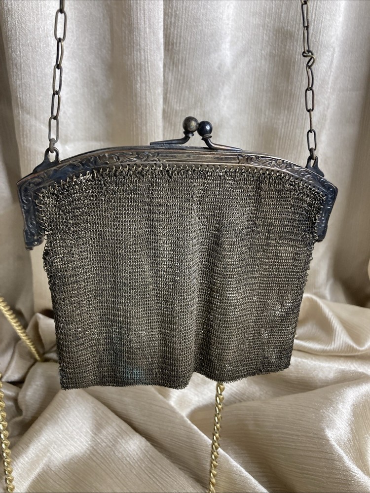 Antique German Silver Mesh Evening Bag W Intricate Scrollwork