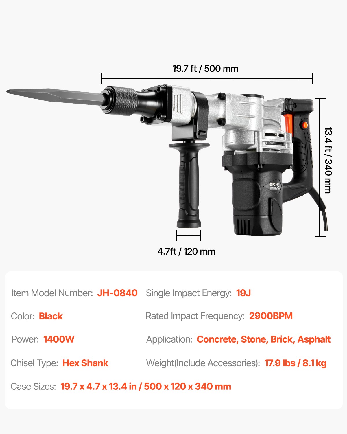 VEVOR Demolition Jack Hammer Concrete Breaker 1400W Hammer 2 Chisel Bit Black