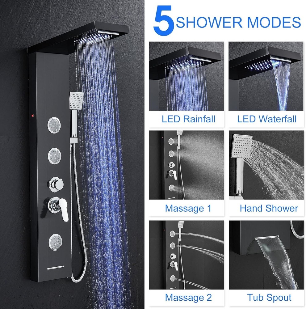 5-in-1 Black LED Shower Panel with Rainfall, Jets & Handheld Showerhead
