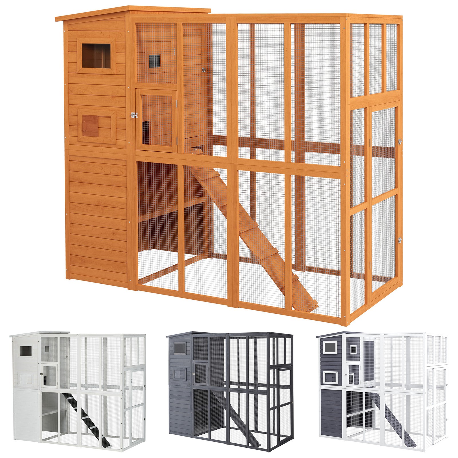 PawHut Wooden Outdoor Catio with Platforms, Asphalt Roof, Ramps