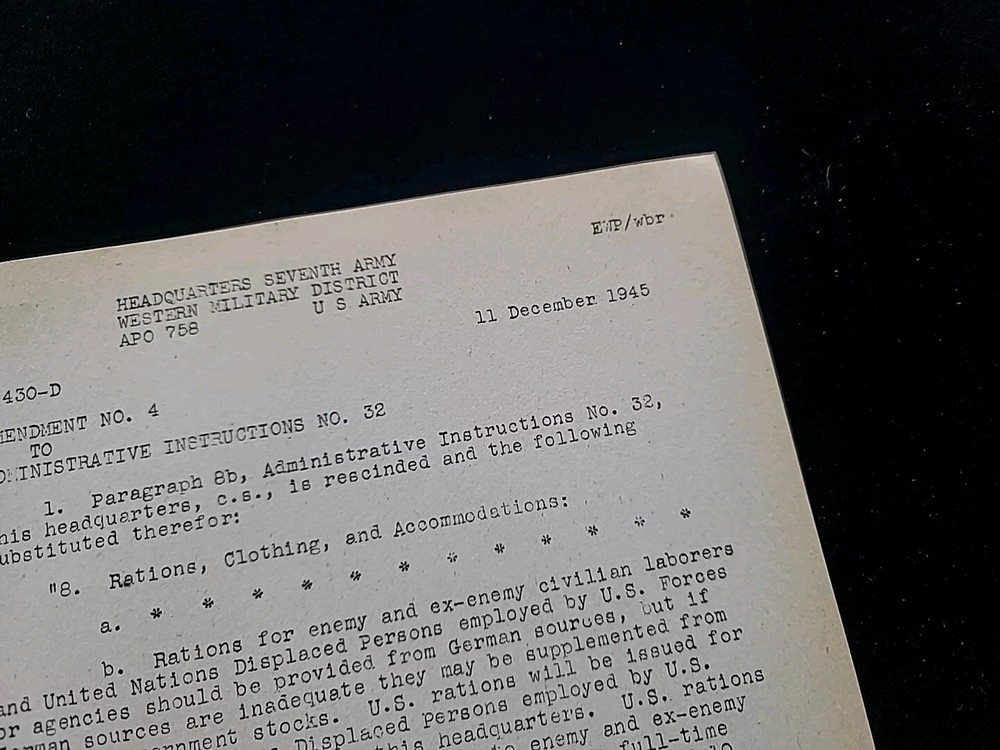 1945 Germany WWII US Army War Military Document Rations Enemy Labor UN Displaced