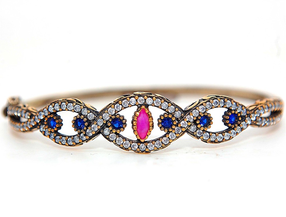Ottoman Empire Style 3CT Treated Ruby 925 Sterling Silver Bracelet