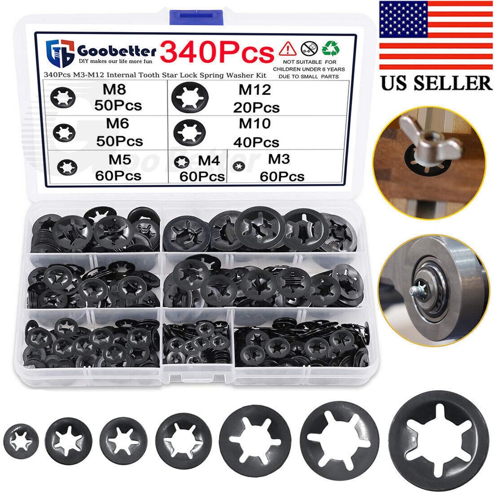 340pcs Internal Tooth Star Lock Spring Quick Washer Push On Speed Nut Assortment