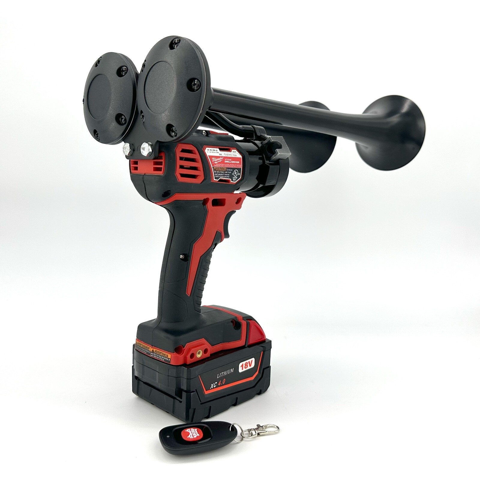 Milwaukee Impact Drill M18 Train Horn + Remote Control and 14" Black Trumpets