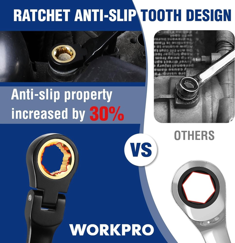 WORKPRO Extra Long Flex-Head Ratcheting Wrench Set