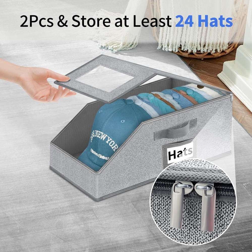 Hat Organizer for Baseball Caps - 2PCS Stackable Storage with Clear Lid, Draw...