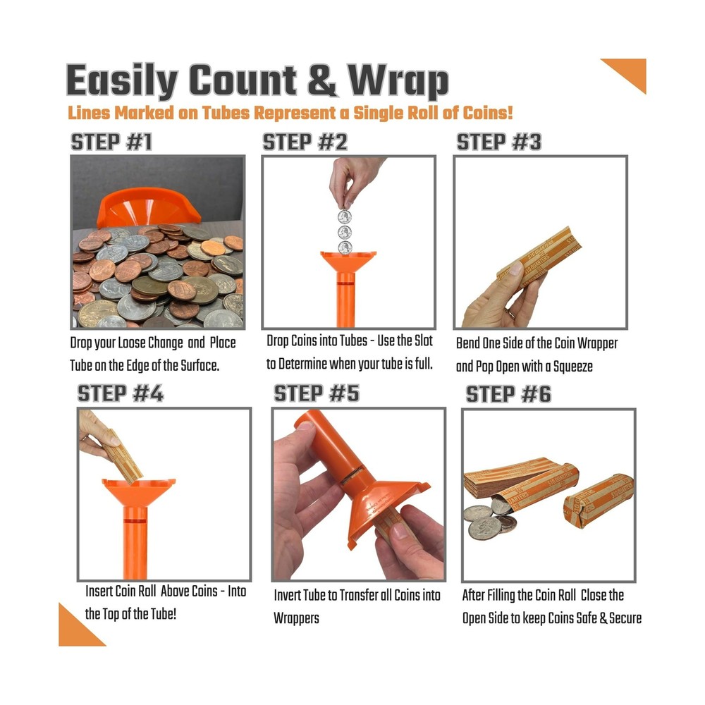 Coin Counters & Sorters Plastic 4 Color-Coded Tubes Bundle 100 Assorted Wrappers