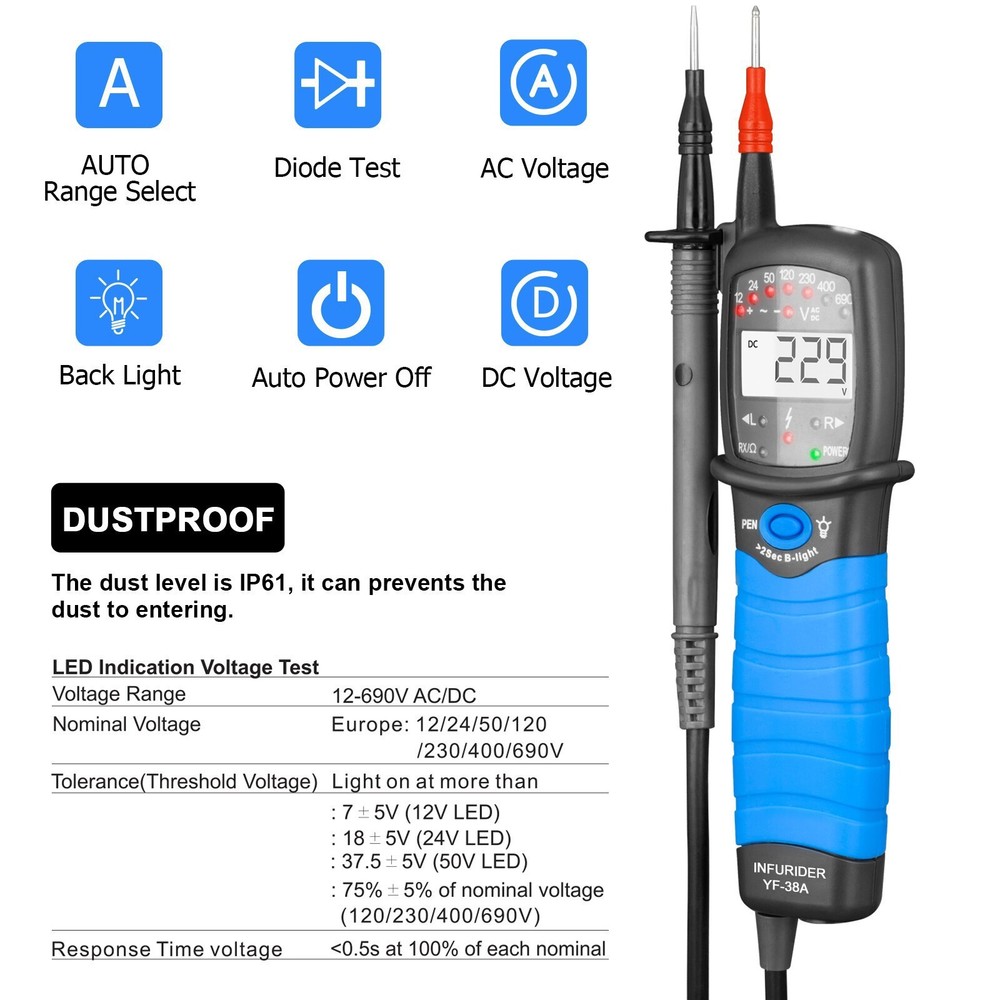 BTMETER Voltage Tester Continuity Meter 12–690V Phase Rotation AC/DC Auto Hold