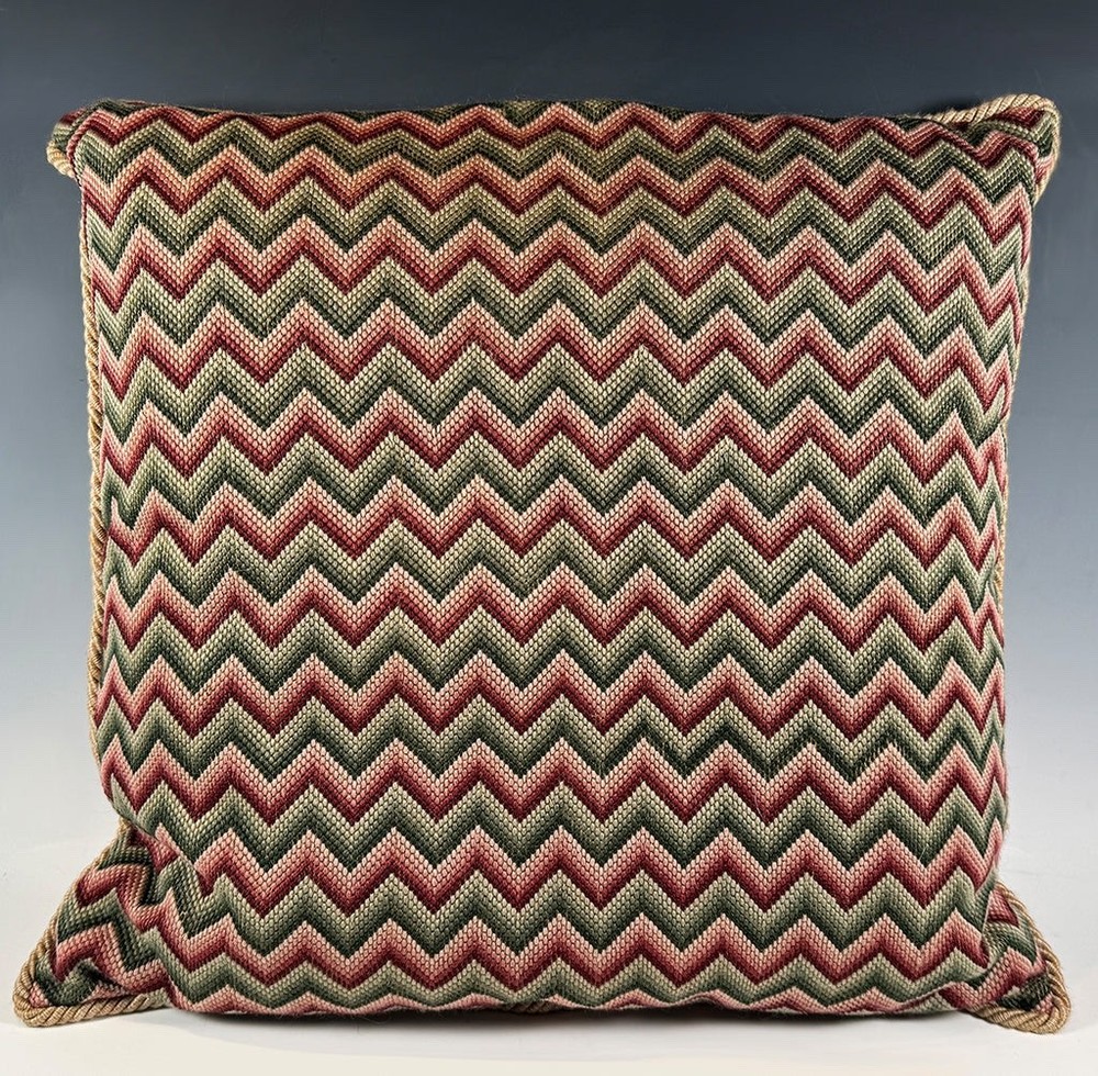 Antique British Needlepoint Topped 20" Square Throw Pillow, Down-Feather Insert