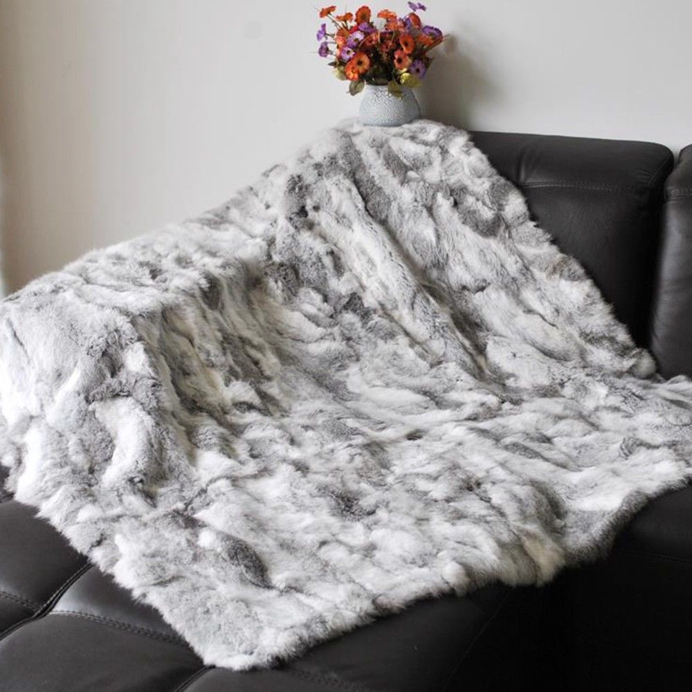 Real Rabbit FUR Throw Blanket Patchwork Skin Fur Rug 42" x 22" Pelz Leather Pelt
