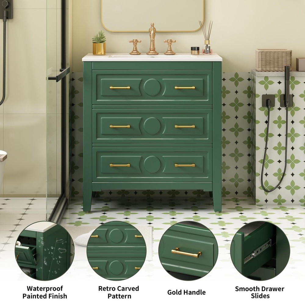 30'' Bathroom Vanity with Ceramic Sink Combo, Standing Single Vanity