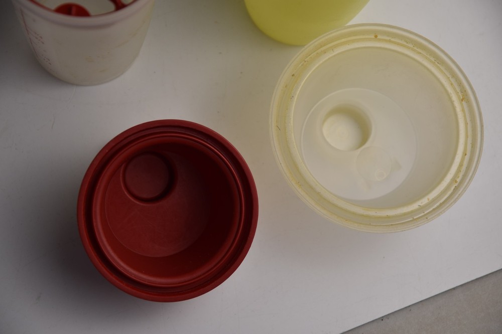 2 Tupperware Shake N Go Containers Collectible Plastic Workout Lidded & Inserts