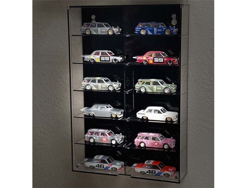 12-Car Display Case Wall Mount Plastic Back Fits 1:64 Scale Models - MJ08012BK