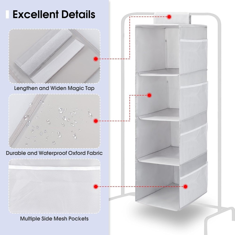 Grey Fabric Hanging Organizer - 4 Shelves & Multiple Mesh Pockets