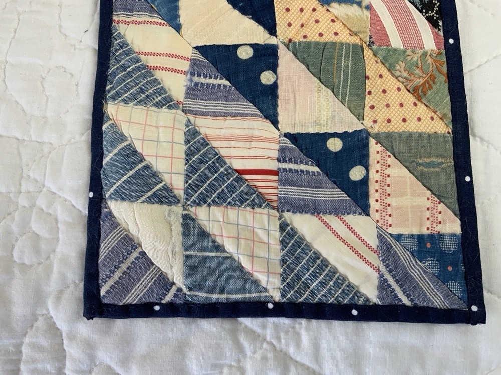 Antique Vintage Patchwork Quilt Table Topper Or Doll Crib Quilt, Triangles, Blue